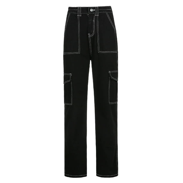 16 Jeans Black High Waist Cargo Pants Women Pockets Patchwork Loose  Streetwear hot pants @ Best Price Online