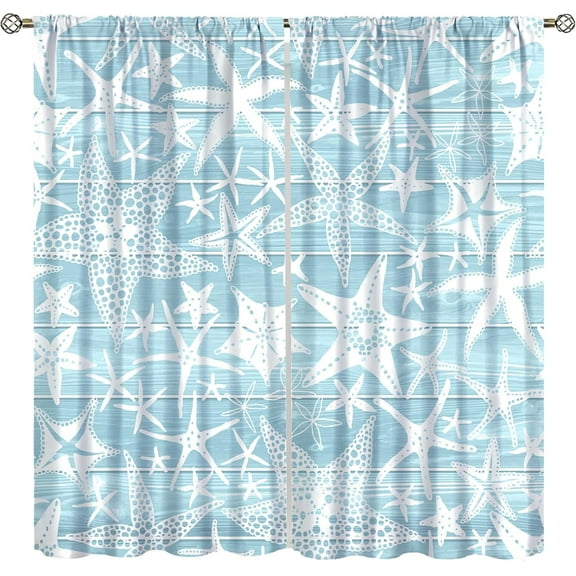 Starfish Blackout Curtains Vintage Farmhouse Blue Wooden Background Shells Starfish Seahorse Coral Ocean Beach Themed Rod Pocket Window Curtains for Home Decor 55x63in