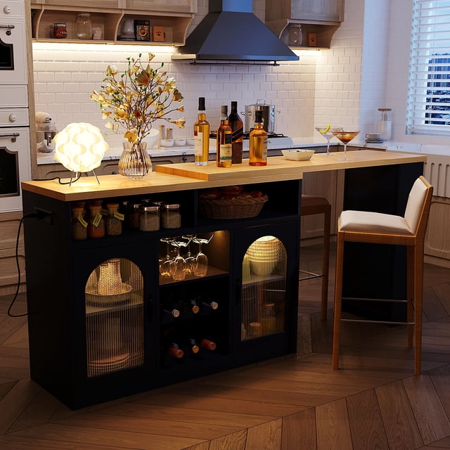 Noble House Counter Table with Extendable Top & Wine Rack,Color LED Lighting & Power Outlet,Black+Natural
