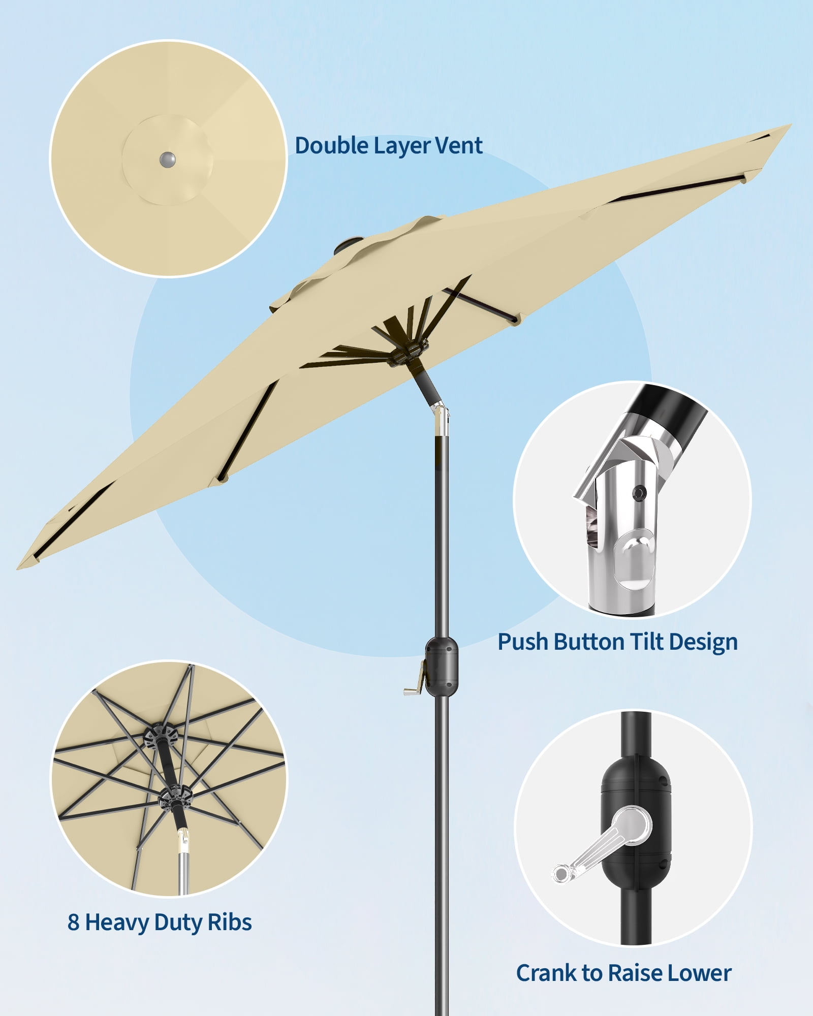 9FT Outdoor Patio Umbrella with Push Button Tilt and Crank, Market Umbrella 8 Sturdy Ribs UV Protection Waterproof Heavy-Duty Pool Umbrella for Deck, Backyard,Garden