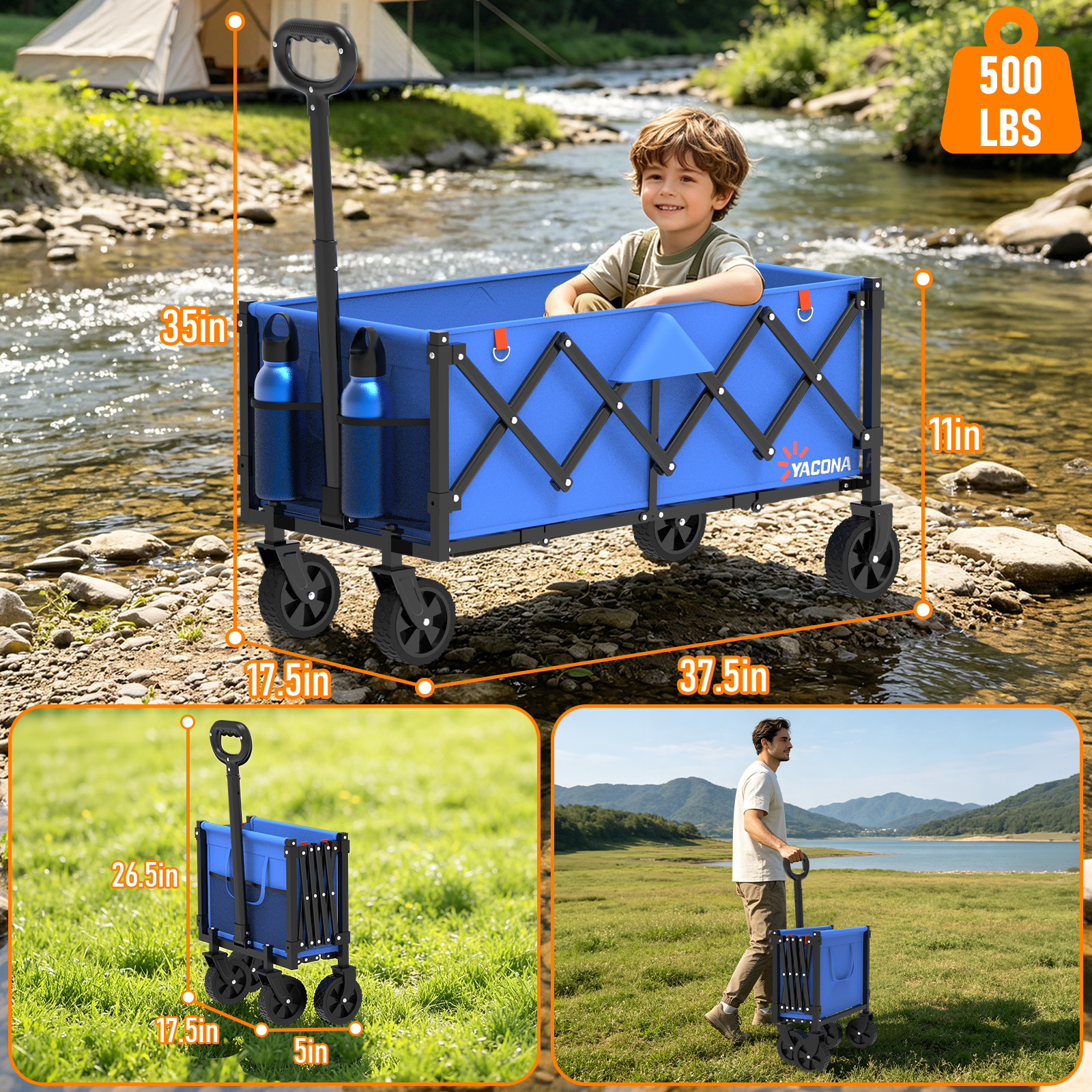Yacona 35" L Extra Long Wagons Carts Foldable, 180L Capacity Beach Wagon, Heavy Duty Rolling Cart with Wheels, Blue