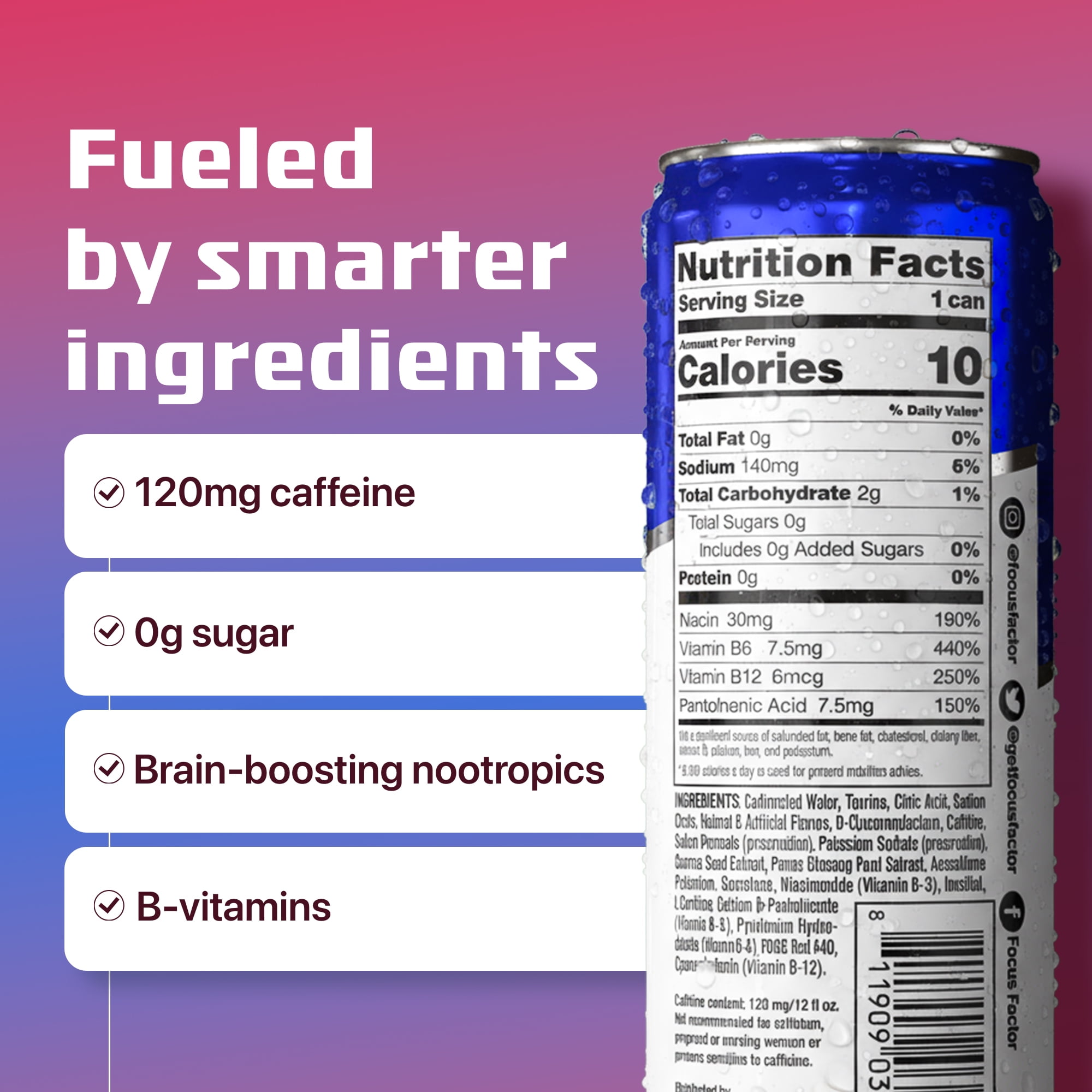 Focus Factor Energy Drink - 12 x 355ml Cans (Berry Flavor) - with Focus + Energy - Sugar Free, Low Calorie with Vitamin B6 & Vitamin B12