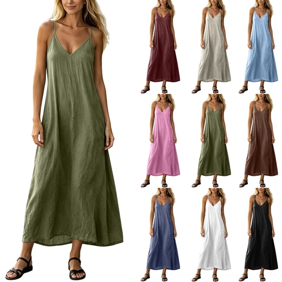 Women's Cotton Sleeveless Dress Ihhxva Linen Maxi Summer V-Neck Slip Casual Beach Vacation Flowy A-Line Silhouette Lightweight Breathable S-2XL