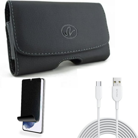 For Samsung Galaxy S21 (6.2") - Swivel Leather Case Belt Clip   Fast Charger Type-C 6ft USB-C Cable   [Fingerprint Works] TPU Film Privacy Screen Protector