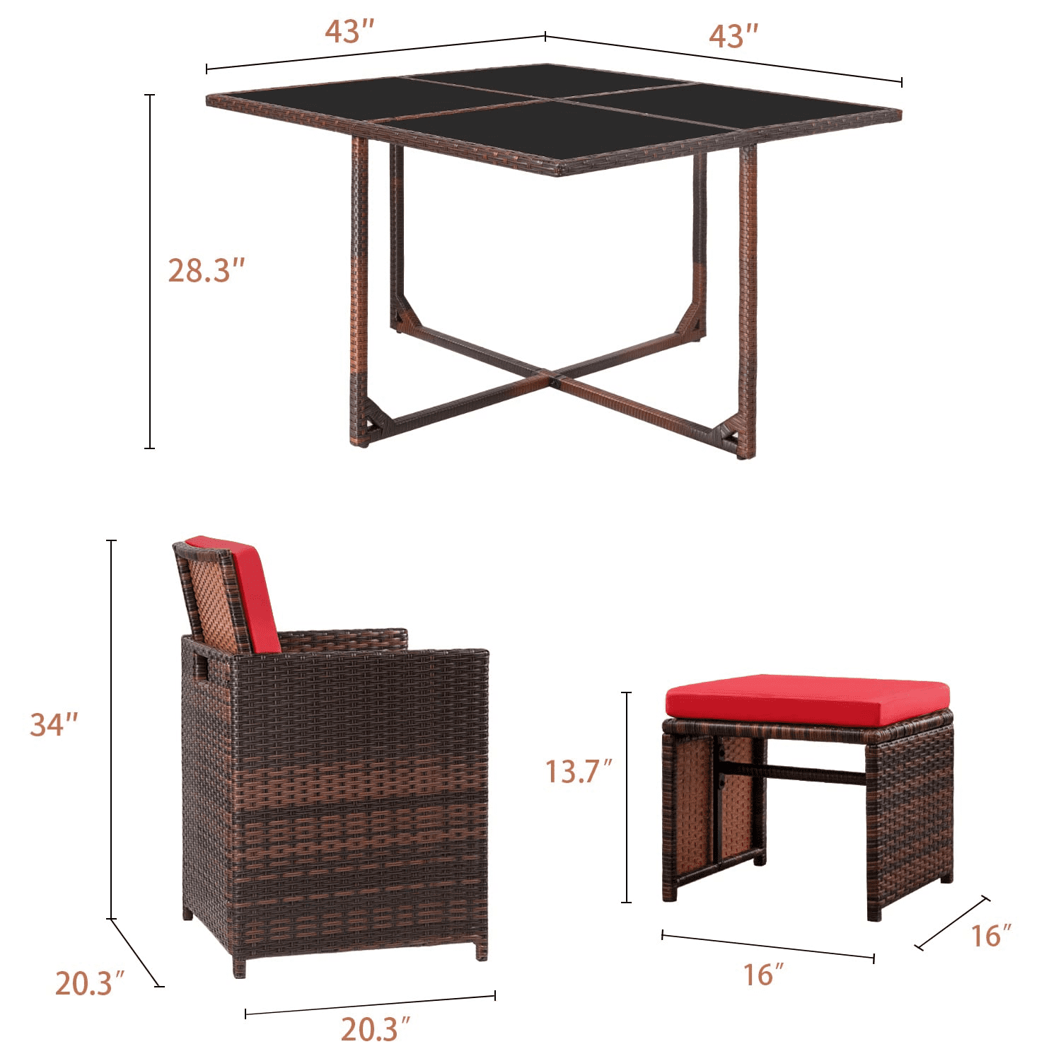 Vineego 9-Pieces Traditional Steel Waterproof Dining Furniture Sets Red