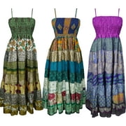 Mogul Patchwork Midi Sundress Wholesale Lot of 3 Pcs Vintage Silk Sari Boho Fashion Printed Dresses