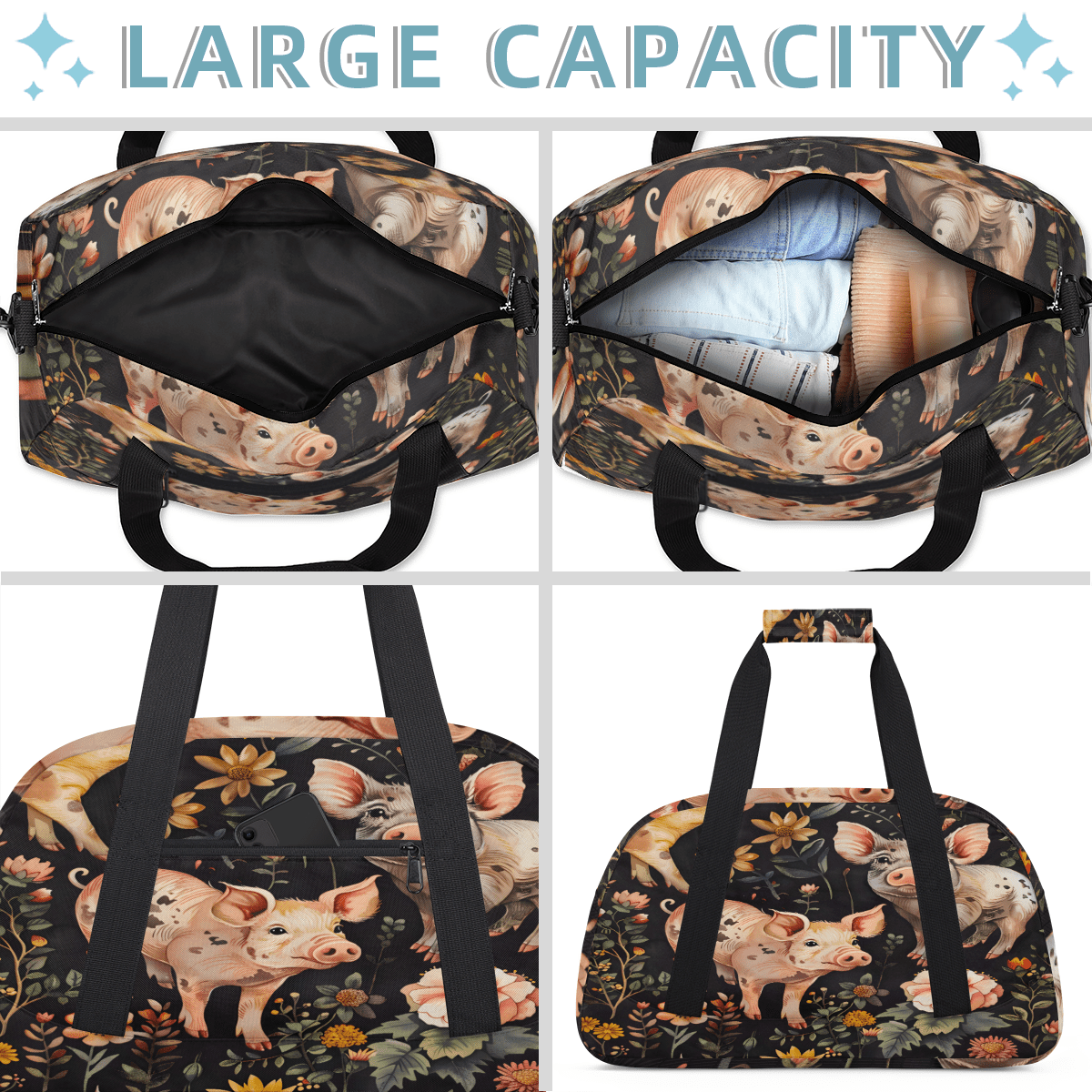 Herdesigns Sports Duffle Bags Travel Duffle Bag Gym Bag Floral Pig Animal Weekender Travel Bag Waterproof Overnight Bag Carry On Travel Tote Bag Dance Bags