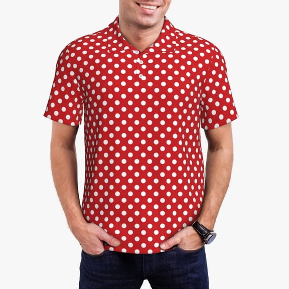 Logiee Red Polka Dot Print Mens Polo Shirts,Mens Golf Polo Shirts,Short Sleeve Casual Polo Shirts for Men,Summer Fashion Beach Shirts-Small