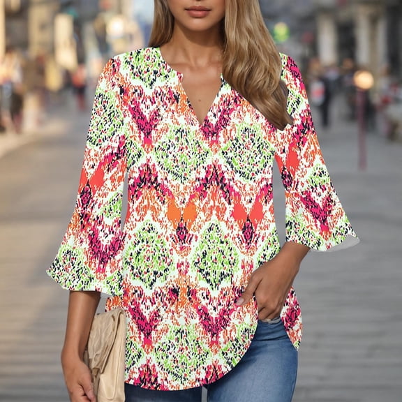 Jsaierl 3/4 Length Bell Sleeve Tops for Women Summer V Neck Shirts Boho Graphic Petite Blouses Going Out Loose Fit Tunic Top S-2XL