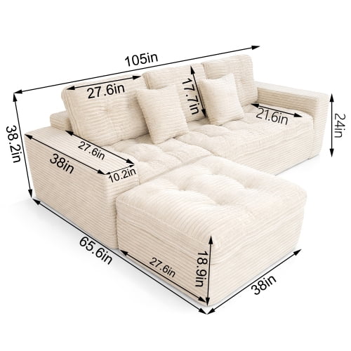 Howcool 105" Modular Sectional Sofa with Ottoman, Cloud Style Deep Seat Living Room Couch, DIY Configuration Pure Foam Frame, Faux Rabbit Fur Velvet Upholstered Furniture Set,White