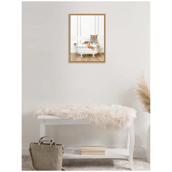 Kate and Laurel Tiger in Traditional Vintage Bathtub Framed Canvas Wall Art by Amy Peterson 18 x 24 Sylvie Natural, Whimsical, Animals, Bathroom Art for Wall Decor, Living Room, Bedroom