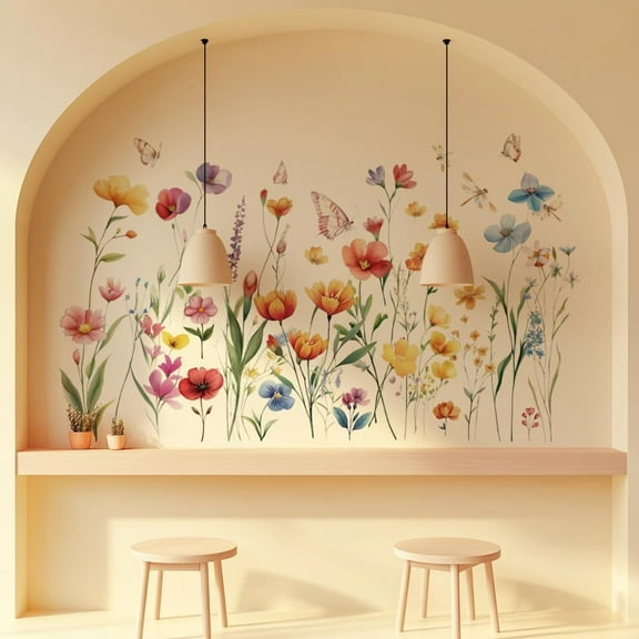 Flowers Leaf Wall Decals with Butterfly Large Watercolor Flowers Wall Stickers Flowers Wall Art Sticker for Bedroom Living Room Sofa TV Backdrop Vinyl Wall Art Decor 96x30cm*3 Mixed Color