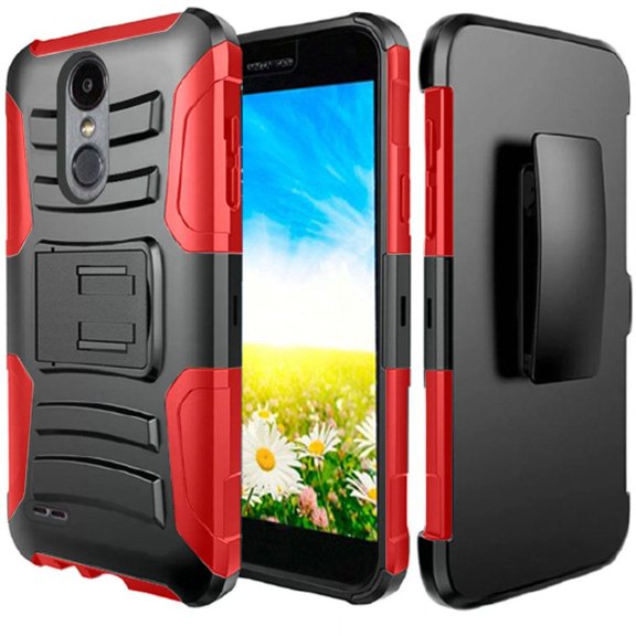 HR Wireless Dual Layer [Shock Absorbing] Hybrid Stand Hard Plastic/Soft TPU Rubber Case Cover Holster For LG Aristo 2/Fortune/Tribute Dynasty, Black/Red