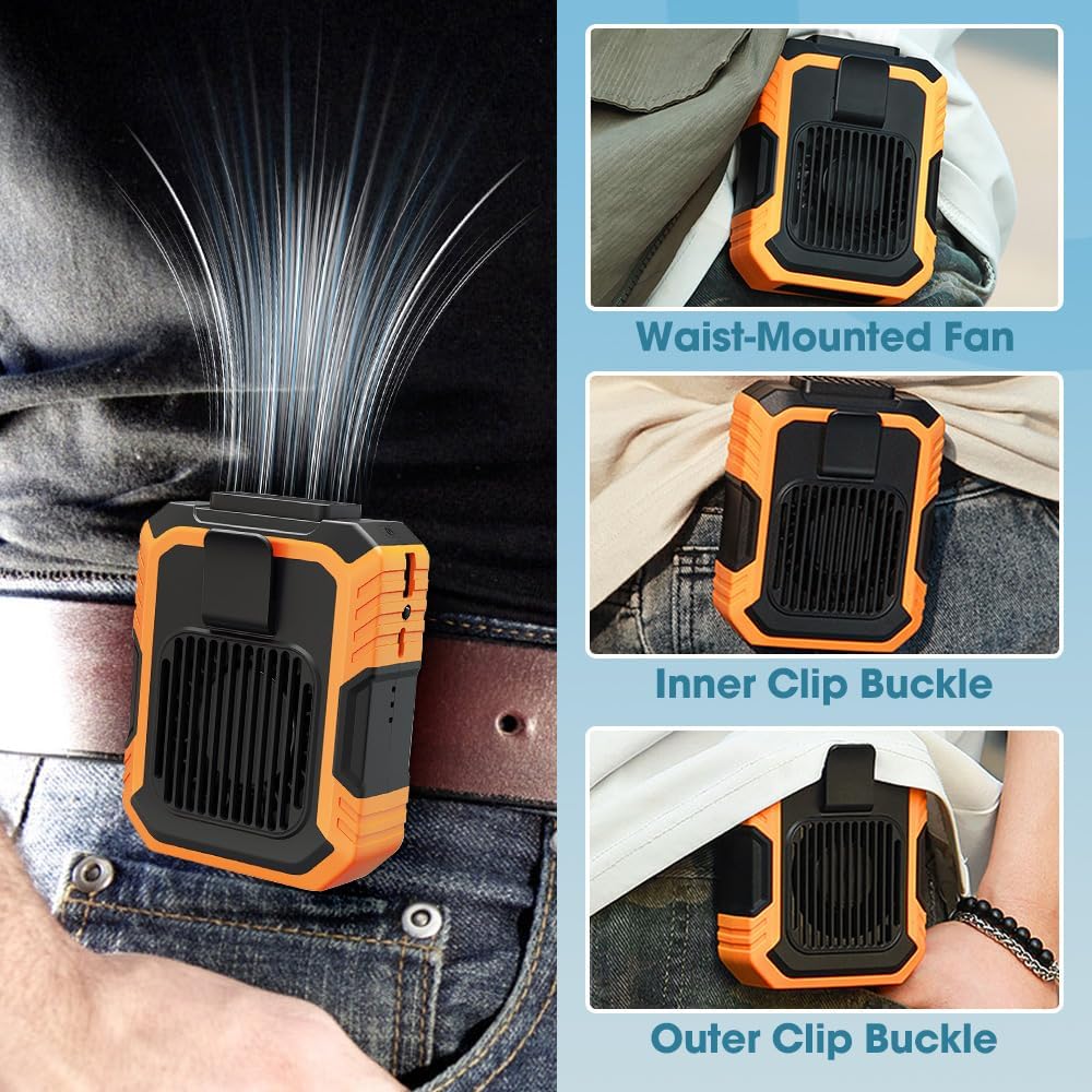 3 in 1 New Portable Mini Waist Fan for Under Shirt Outdoor Waist Fan Belt Clip Fan, Rechargeable Waist Mounted Electric Fan Wearable Personal Clip Fan (Orange)