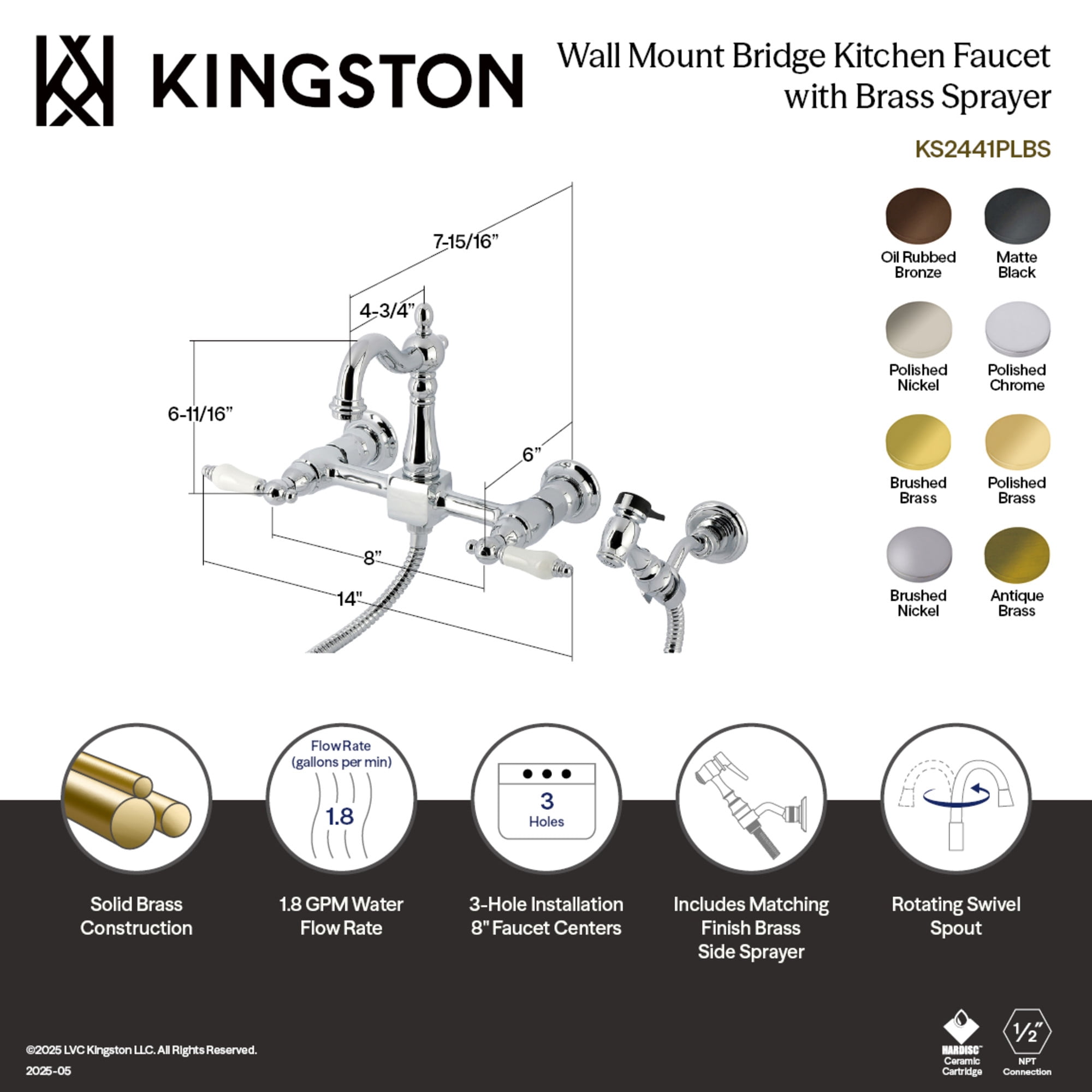 Kingston Brass KS2442PLBS Heritage Double-Handle 3-Hole Wall-Mount Bridge Kitchen Faucet with Brass Sprayer in Polished Brass