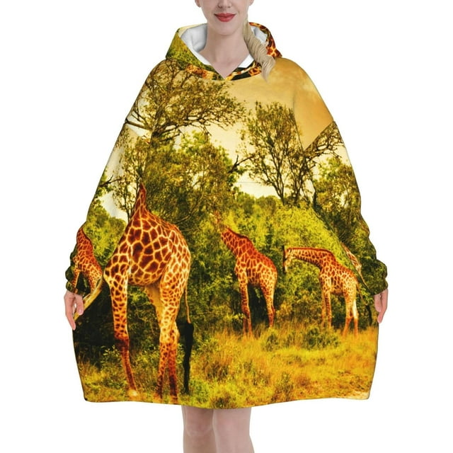 Wild Giraffe,Women's Oversized Wearable Blanket Hoodie, Blanket Sweatshirt,Flannel Pullover Blanket