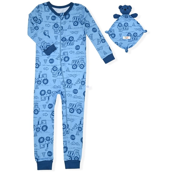 Sleep On It Infant Boys Long Sleeve Super Soft Snuggle Jersey Zip-Up Coverall Pajama with Matching Blankey Buddy - Construction , 18M