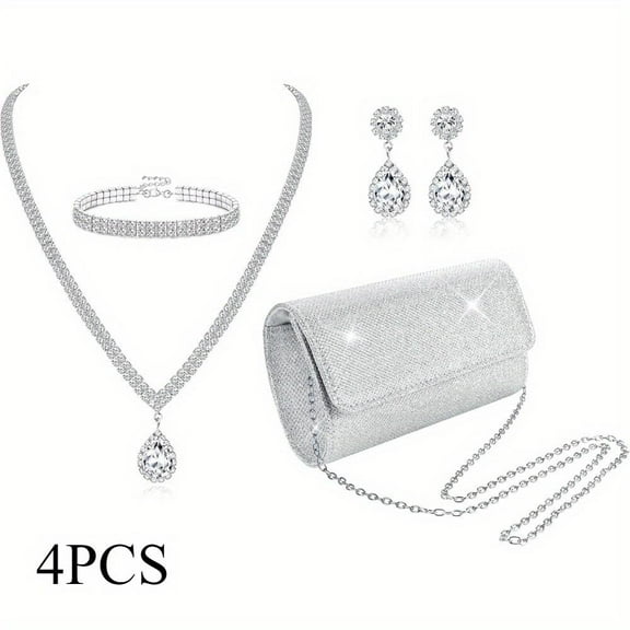 4 Piece Women Clutch Purse Jewelry Set Silver Crystal Necklace Earrings Bracelet and Handbag Fashion Accessories
