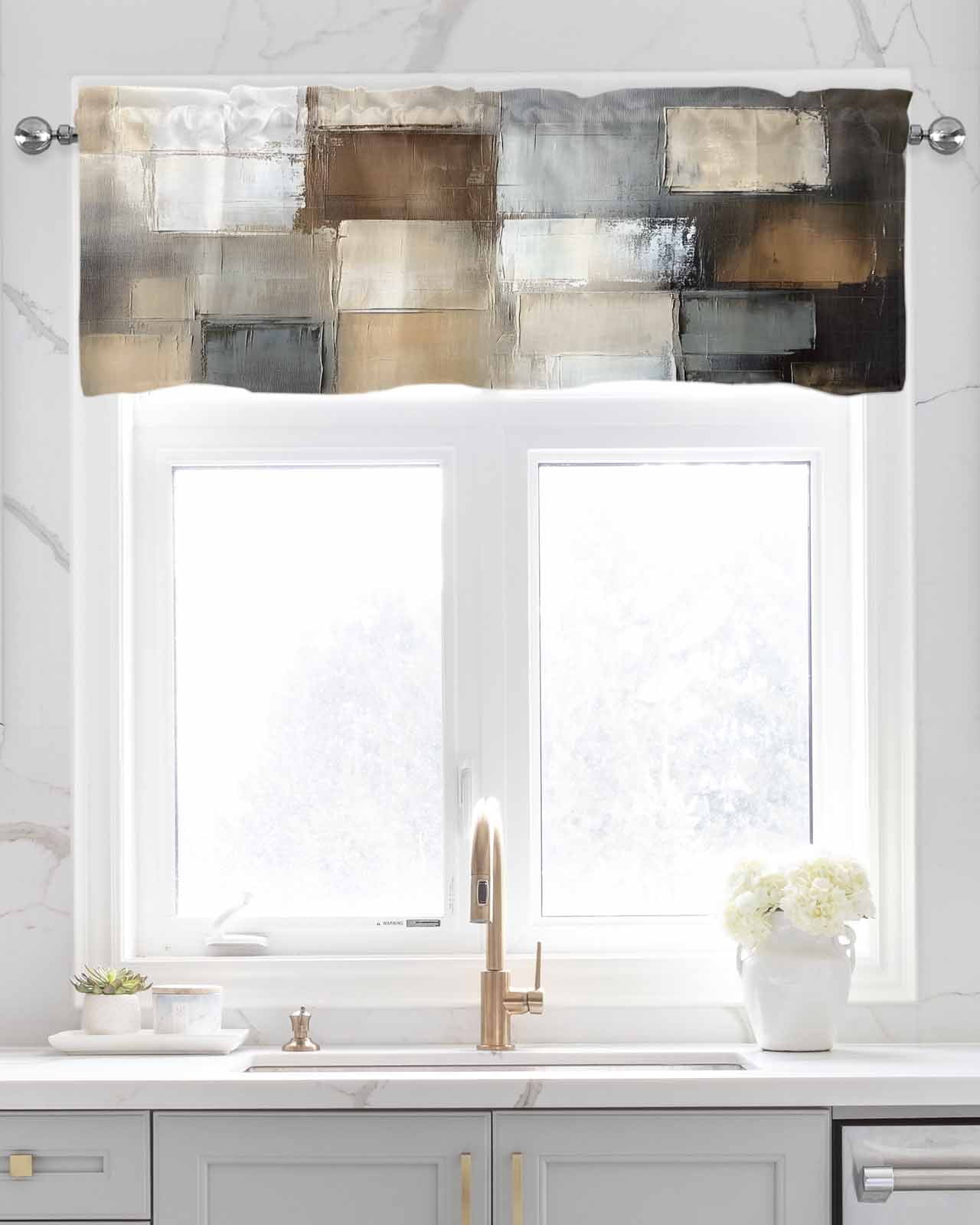 Gray Brown Kitchen Valances for Windows Farmhouse Linen Window Valance Curtain for Living Room Window Treatment Abstract Oil Painting Color Blocks Valance Rod Pocket Topper Drape, 42 x 18 Inch