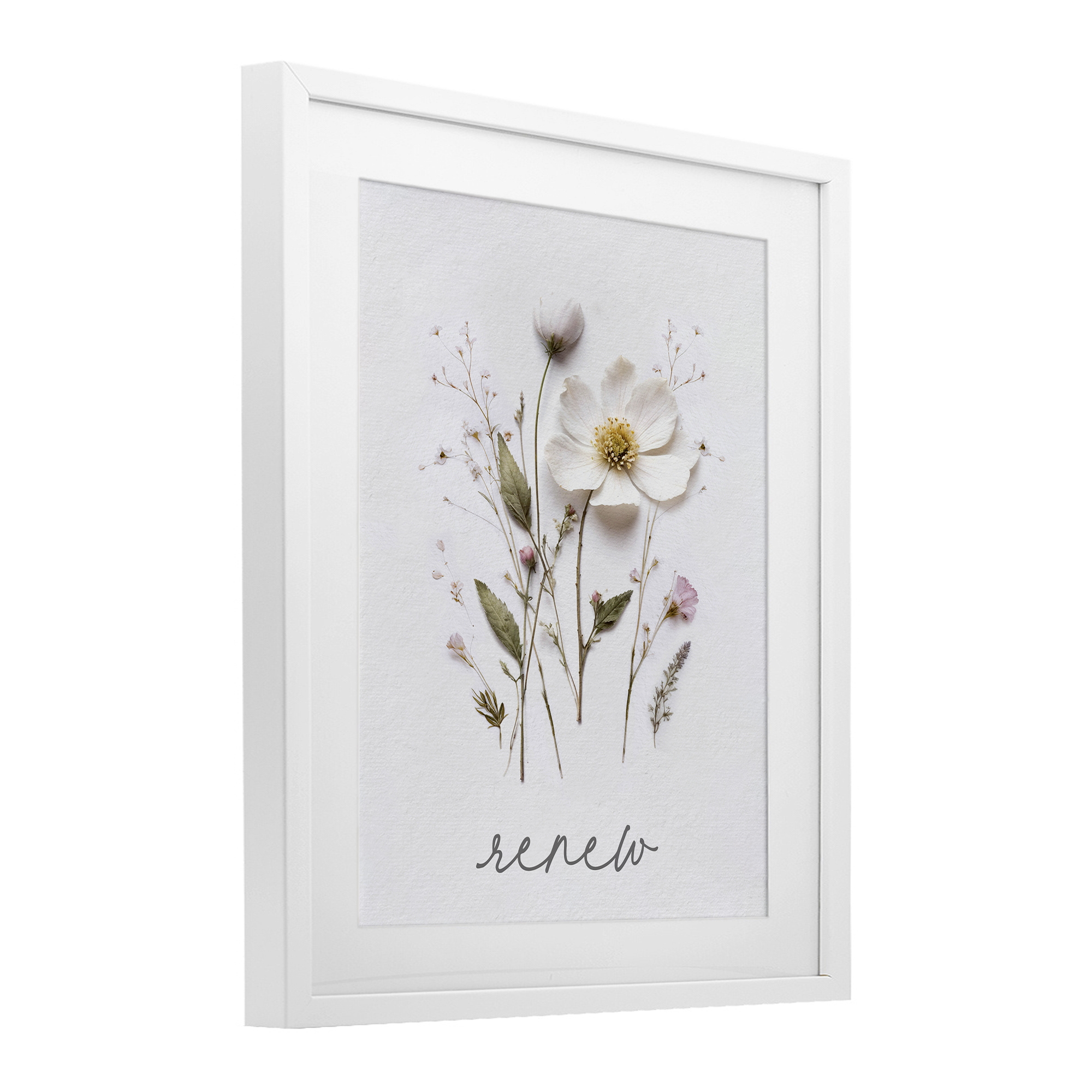 Pressed Flowers Renew White Framed Print Under Glass, design by Lettered and Lined