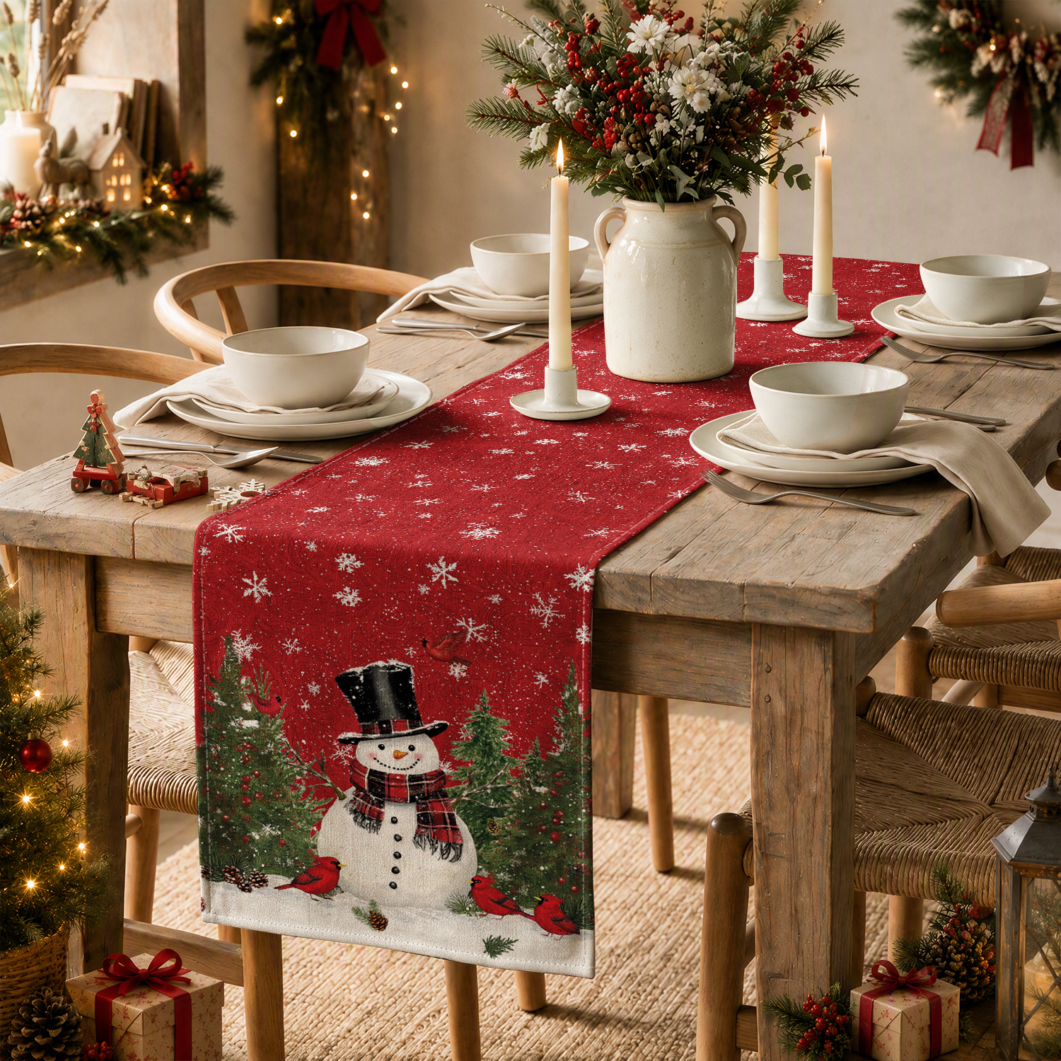 Sm:)e Snowman Christmas Table Runner, Red 13x90 Inch photo 2