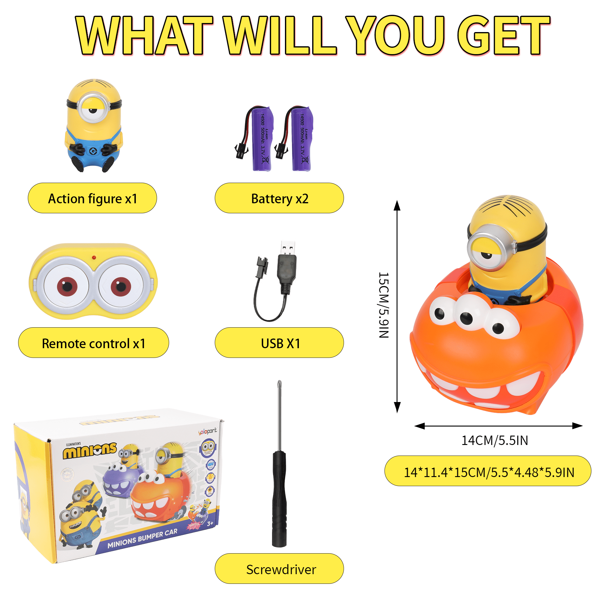 YOLOPARK Minions Remote Control Car,Despicable Me RC Stuart Bumper Cars, Christmas Birthday Gifts for Ages 3+ Year Old
