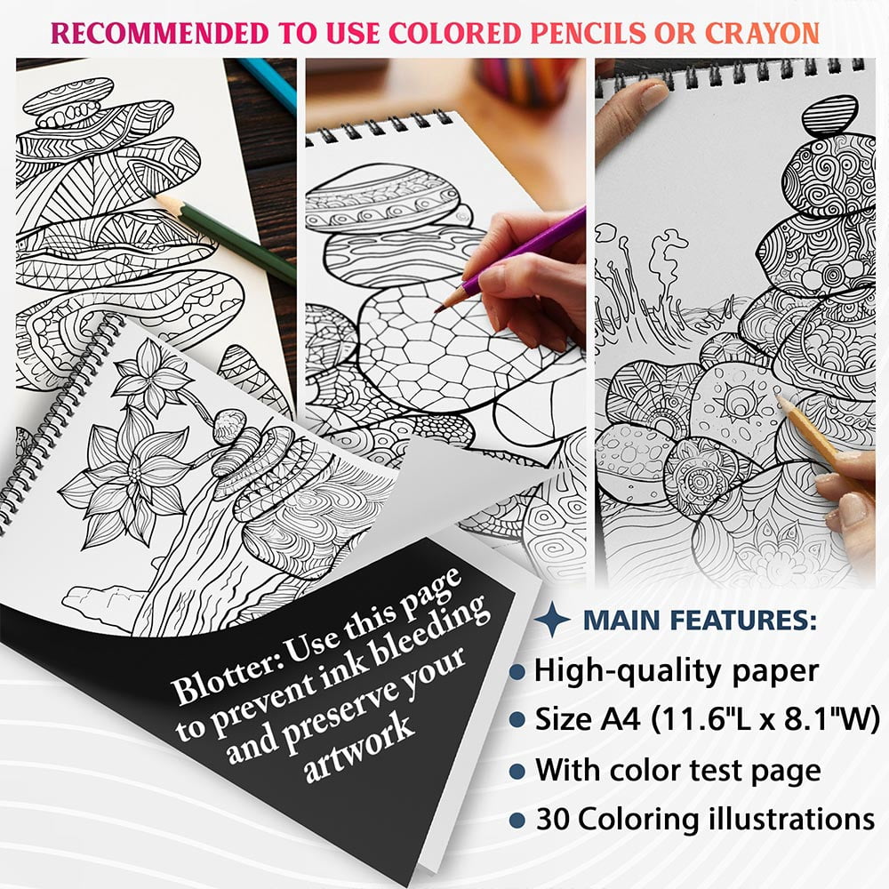 NETHOUSE Mandalas Rocks Coloring Book For Adults Relaxation & Stress Relief, 30 Coloring Pages Featuring Mandala Rocks, Intricate Stone Patterns, Calming Zen Designs, and Meditative Artworks