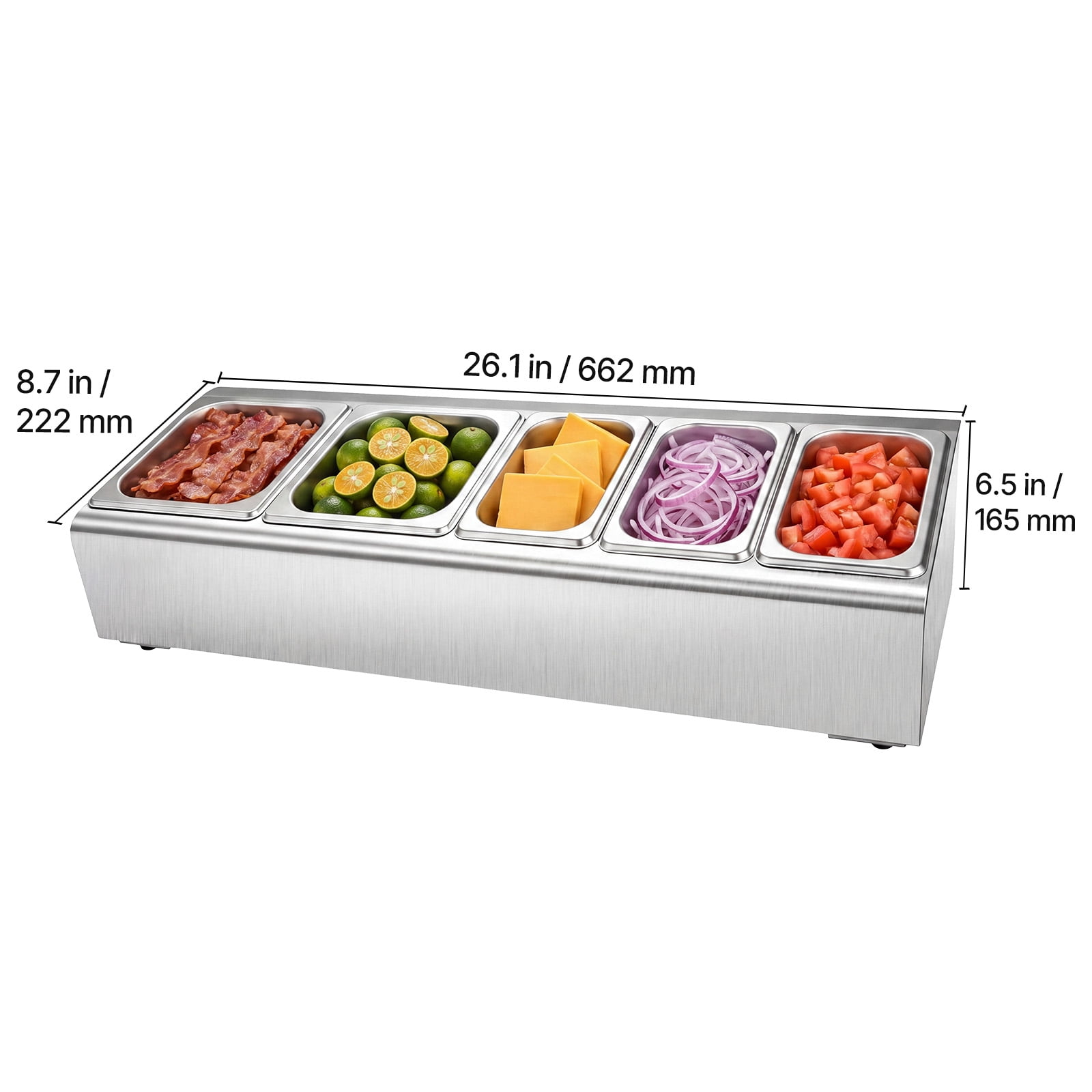 KFFKFF Countertop Food Serving Display Container, Stainless Steel Salad Server Tray, Buffet Condiment Dispenser, Ice-Cooled Rack with Individual Lids, Suitable for Restaurants,Hotels(2x1/6+3x1/9 Pan)
