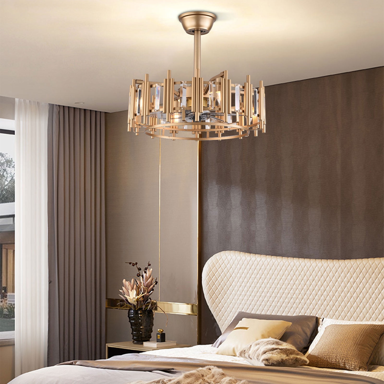 20" Gold Ceiling Fans Light Chandelier with Remote Industrial Hanging Pendant Lamp 3 Gear Wind