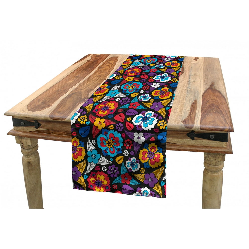 Colorful Table Runner, Scroll Pattern in Aloha Style Lively Blossoms