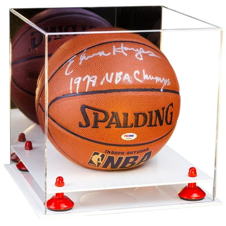 Acrylic Full Size Basketball Display Case with Mirror, Red Risers and White Base (A001-RR)
