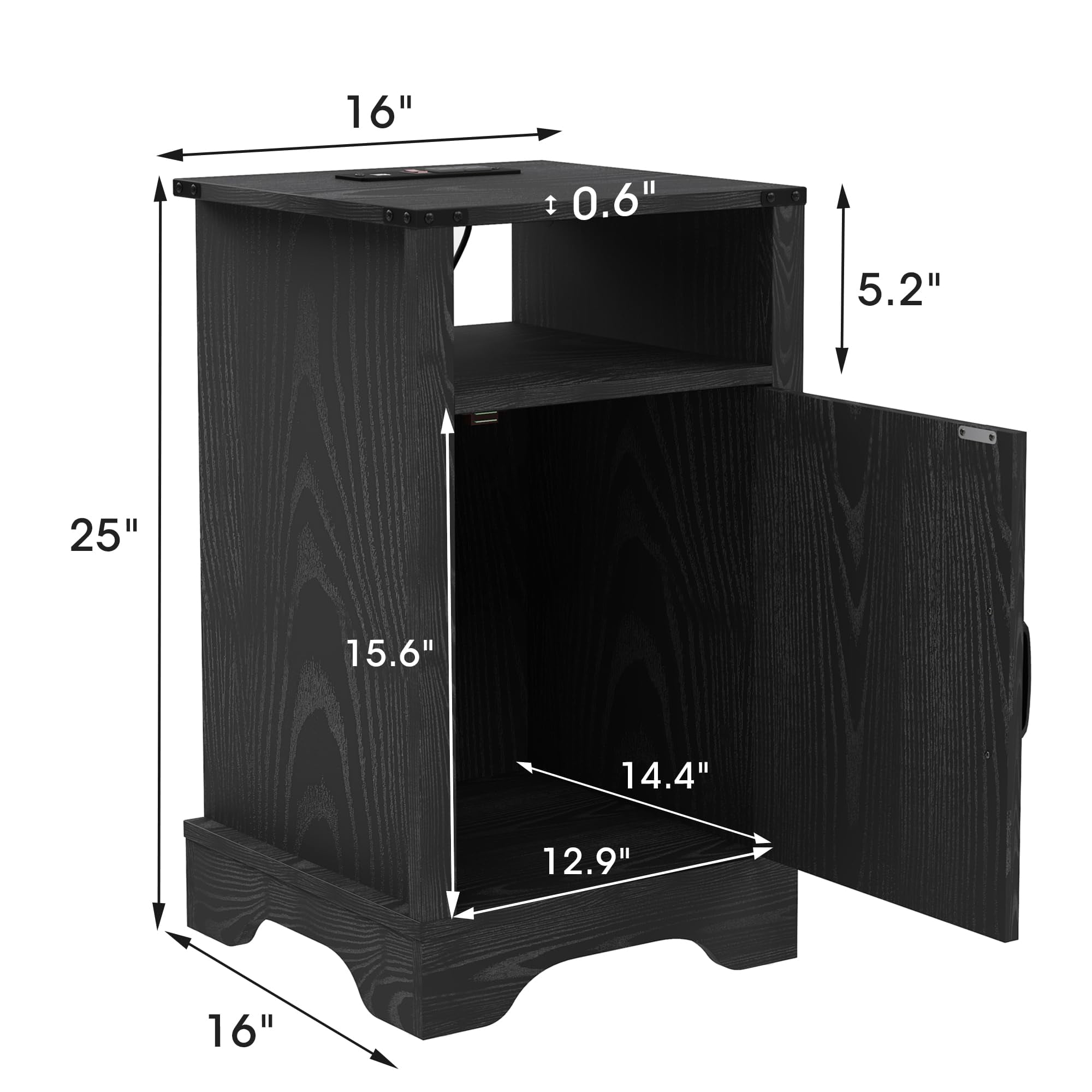 Mayincolor Wooden Farmhouse Nightstand Set of 2 with Charging Station, Rustic End Table with Storage, Black