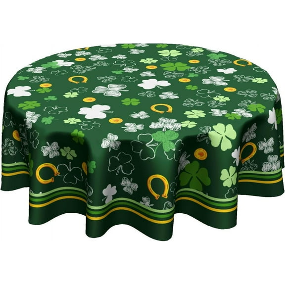 Happy St.Patrick''s Day Tablecloth Round 60 Inch Gold and Green Shamrock Table Cloths Polyester Fabric Watercolor Clover Table Cover for Kitchen Dining Room Picnic Party Spring Outdoor