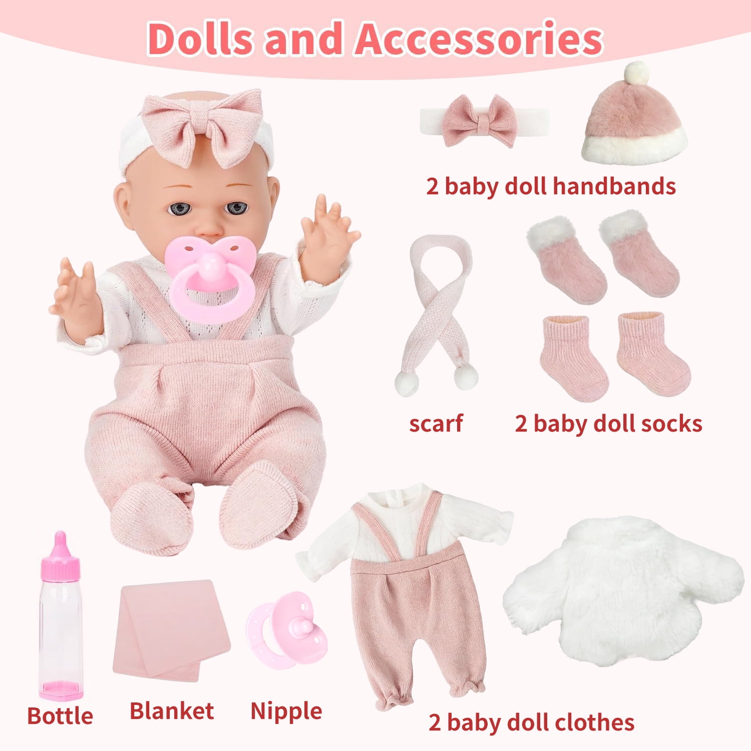 Caunedy Baby Doll Set, 12inch Realistic Soft Baby Doll with Pacifier & Nursing Bottle & Washable Quilt, Doll Toys for Kids 3-5 4-6 5-7 Gifts