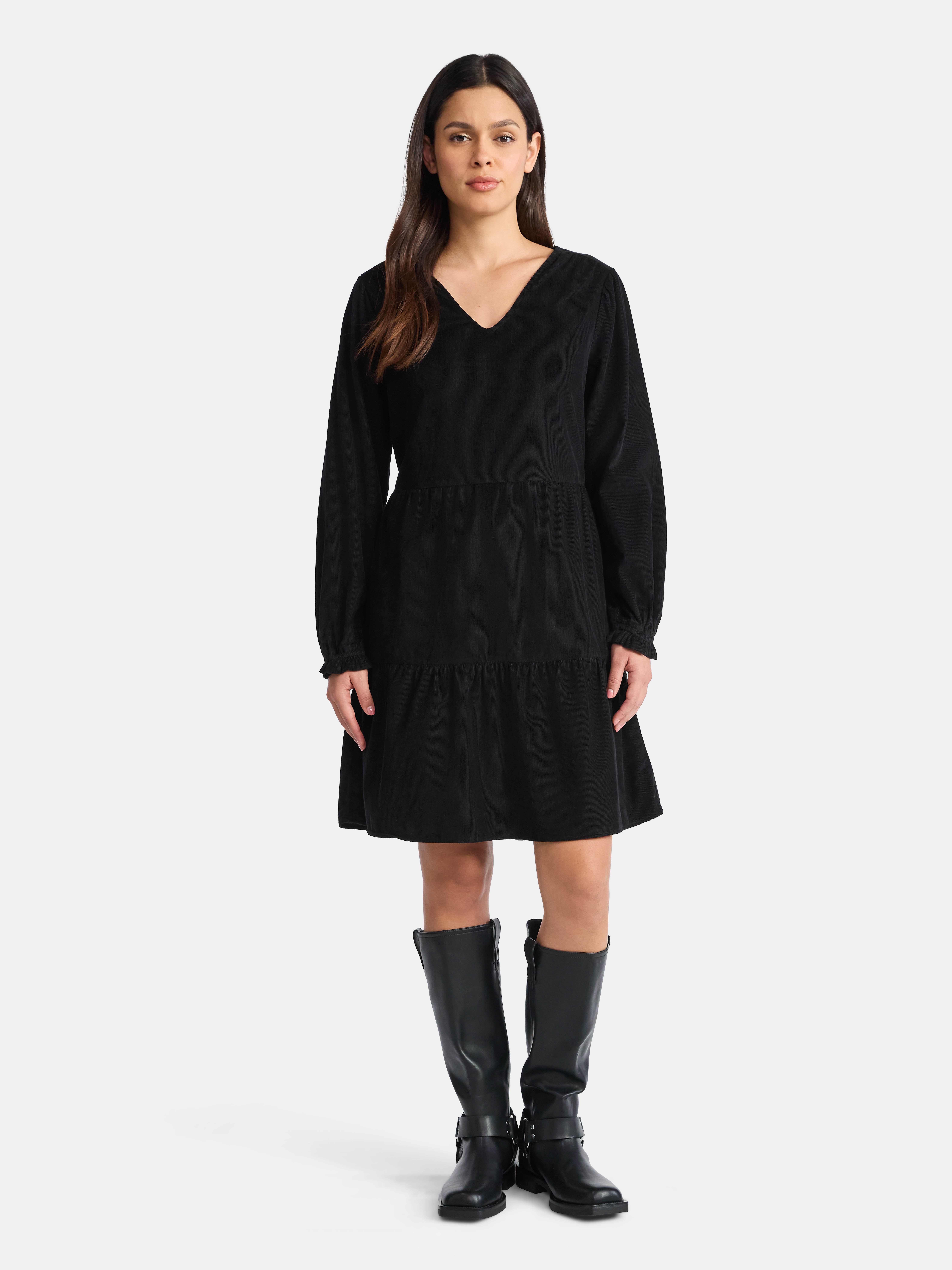 Time and Tru Women's Tiered Corduroy Dress with Long Sleeves, Sizes XS-XXXL