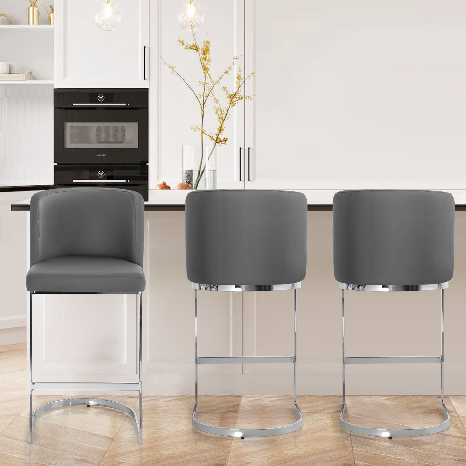 Foreate 26" Counter Height Bar Stools Set of 4 Modern Counter Stools with Back and C-Shaped Metal Frame, Upholstered Faux Leather Bar Chairs Island Stools for Kitchen Counter, Home Bar, Pub, Grey
