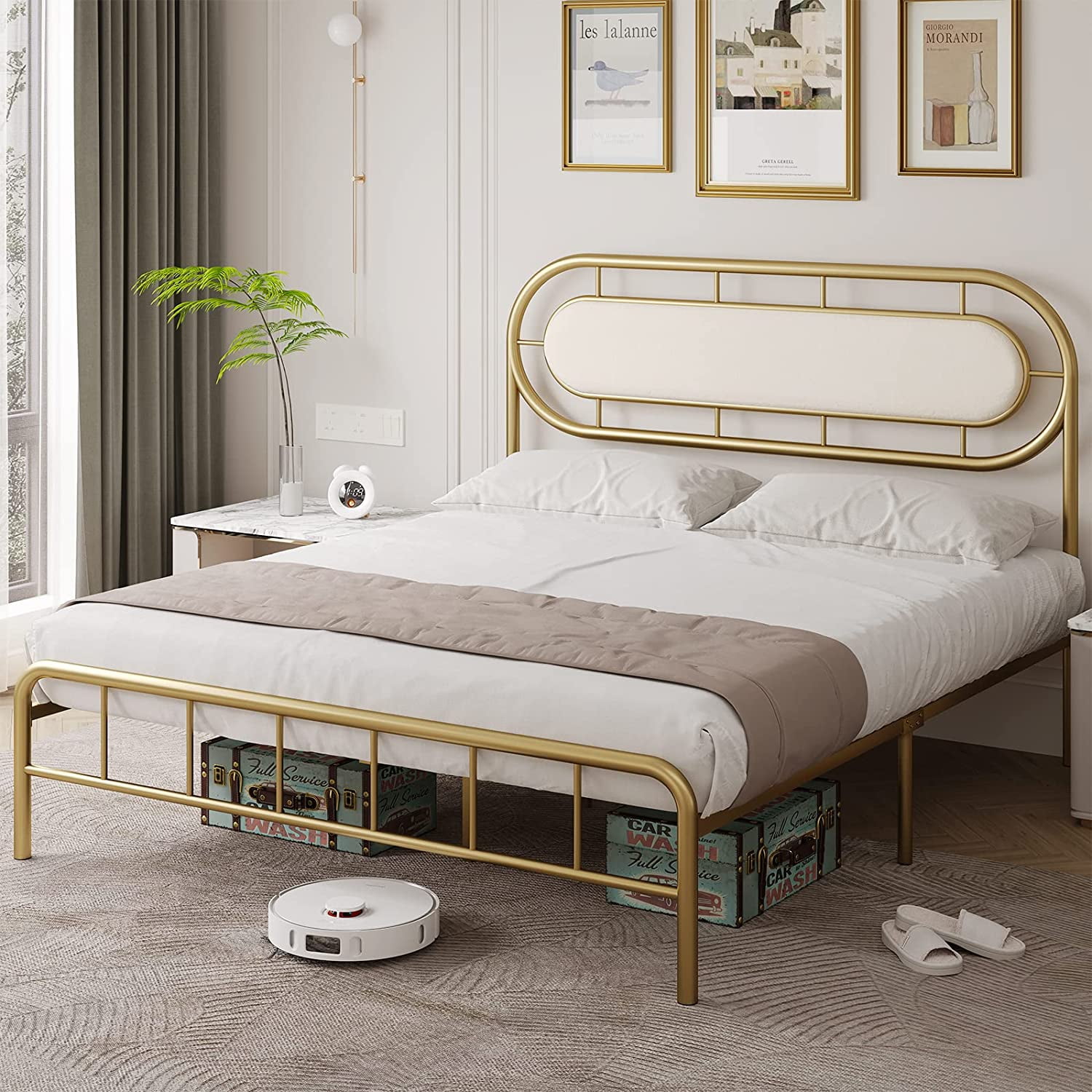 AMUZER Queen Size Bed Frame with Tufted Upholstered Oval Headboard