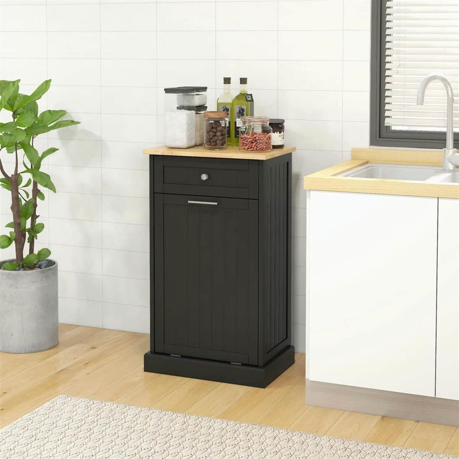 Demi Bonn 35" Kitchen Tilt-Out Trash Bin Cabinet Standalone Recycling Bin Holder with Drawer for Modern Kitchen, Black