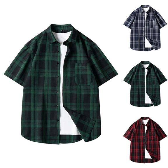 SROBPTY Mens Summer Shirts, Mens Short Sleeve Button Down Shirts, Mens Fashion Casual Button Plaid Collared Short Sleeve Shirts with Pocket Red,L