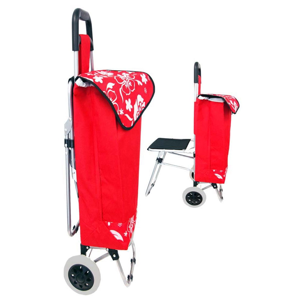 36 Inch Rolling Shopping Cart with a DrawString Bag and Fold Down Seat