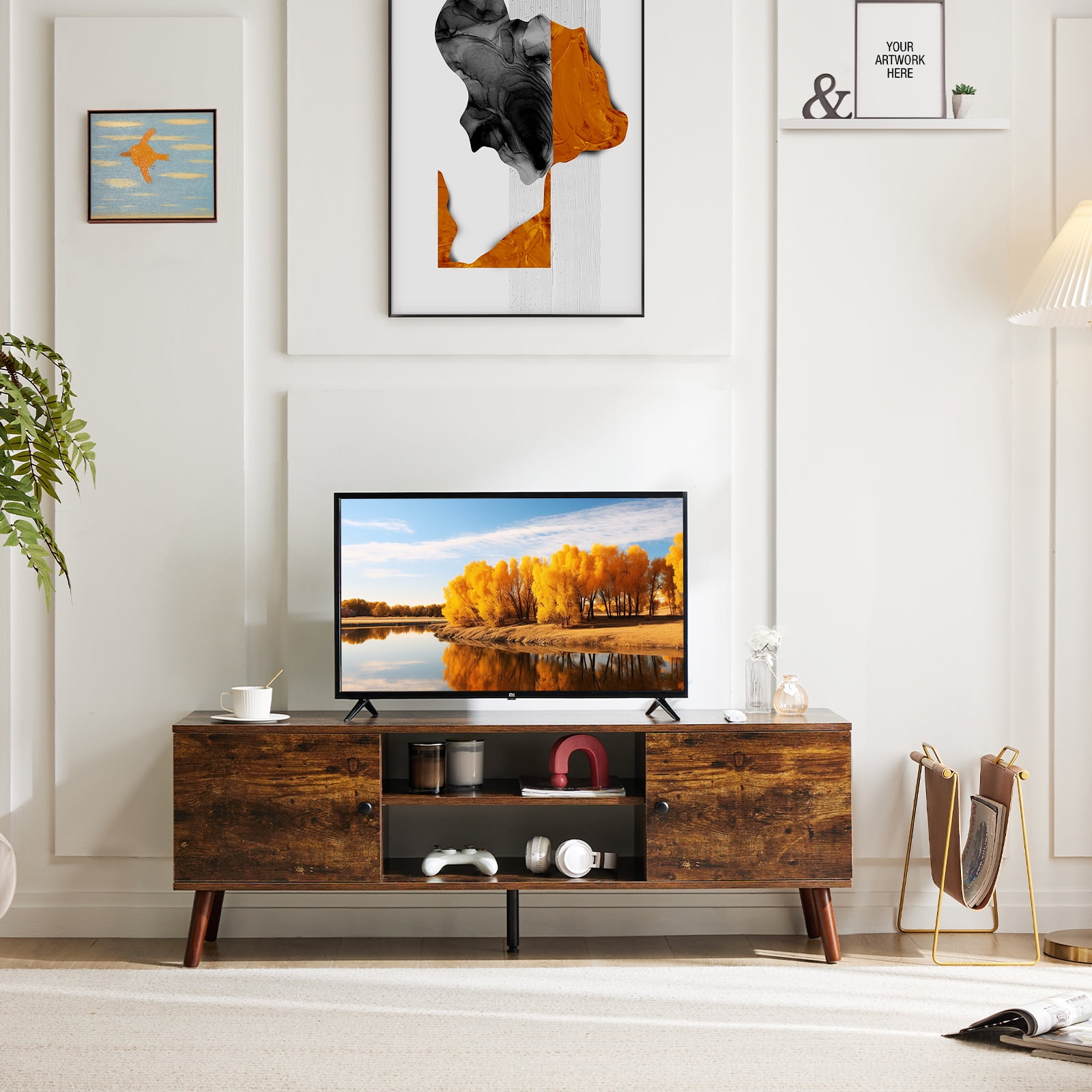 GIANNA TV Stand for TVs up to 60", Modern Mid Century Entertainment Center with Storage, 2 Cabinet Media Console Table, Vintage Brown
