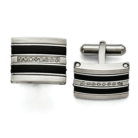 Primal Steel Stainless Steel Polished/Brushed Black Rubber 0.15ct.tw. Diamond Cuff Link