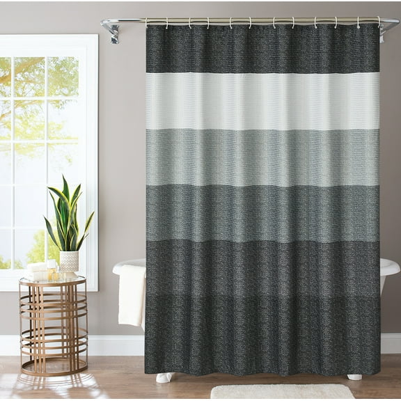 Waffle Weave Ombre Stripe Fabric Shower Curtain with 12 hooks, Black,72" W x 72" H