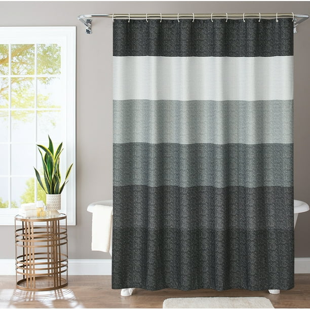 HOKISS Grey and Black Waffle Shower Curtain for Bathroom，Ombre Stripes