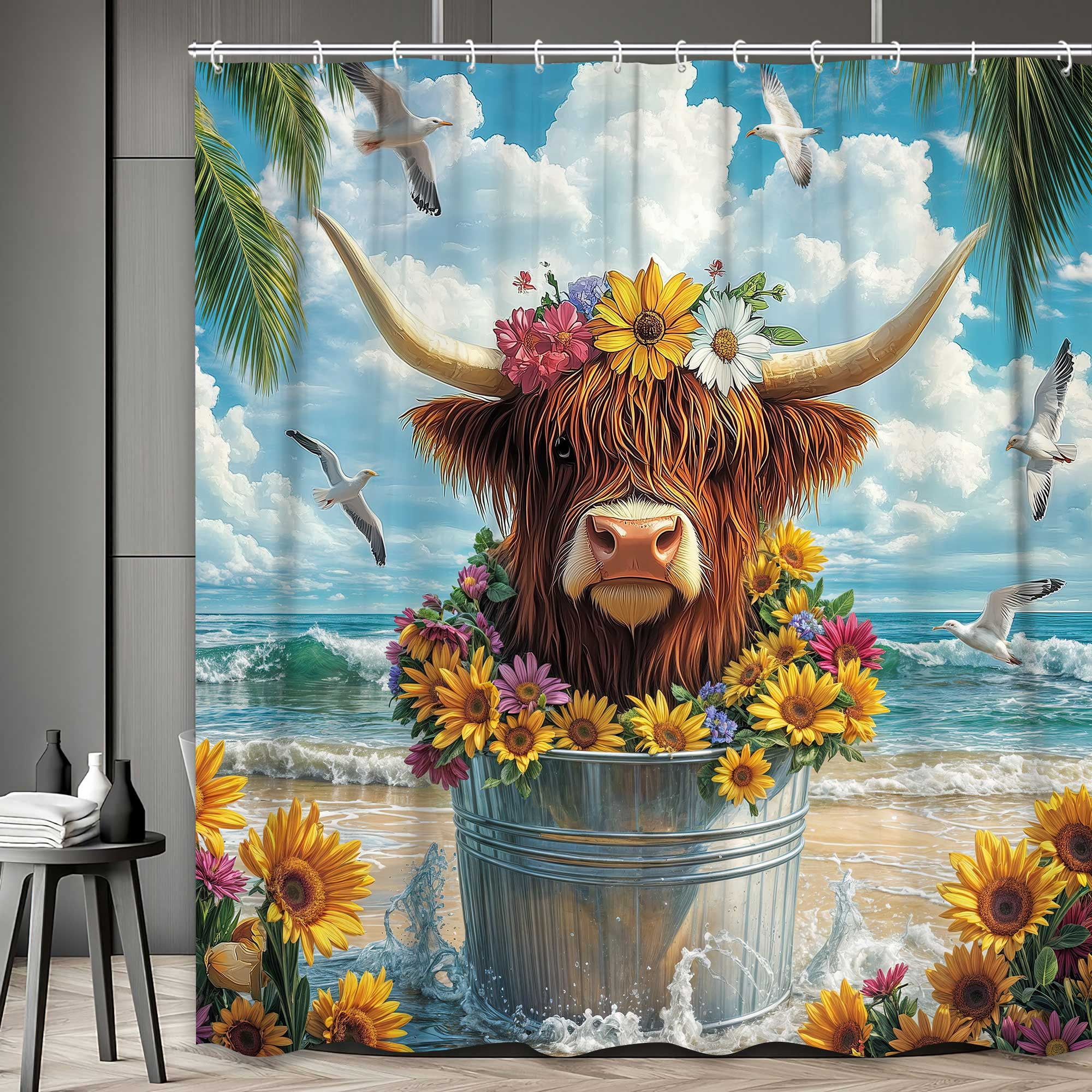 Beach Cow Shower Curtain, Farmhouse Western Rustic Floral Funny Highland Cow Bathroom Shower Curtain Set, Summer Ocean Cute Farm Animal Sunflower Bathroom Accessories Decor, Hooks Included,72x72In