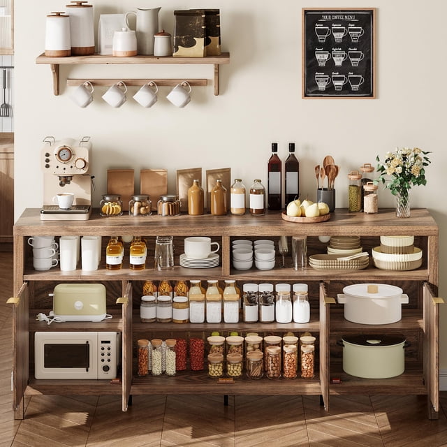 GloryStar Armoire de Rangement Cannelée 65,8 Pouces Réglable à 3 Niveaux, Organisateur d'Entrée Moderne avec Portes Cannelées et Poignée Dorée, Conception Imperméable pour Cuisine, Salle à Manger et Bureau à Domicile