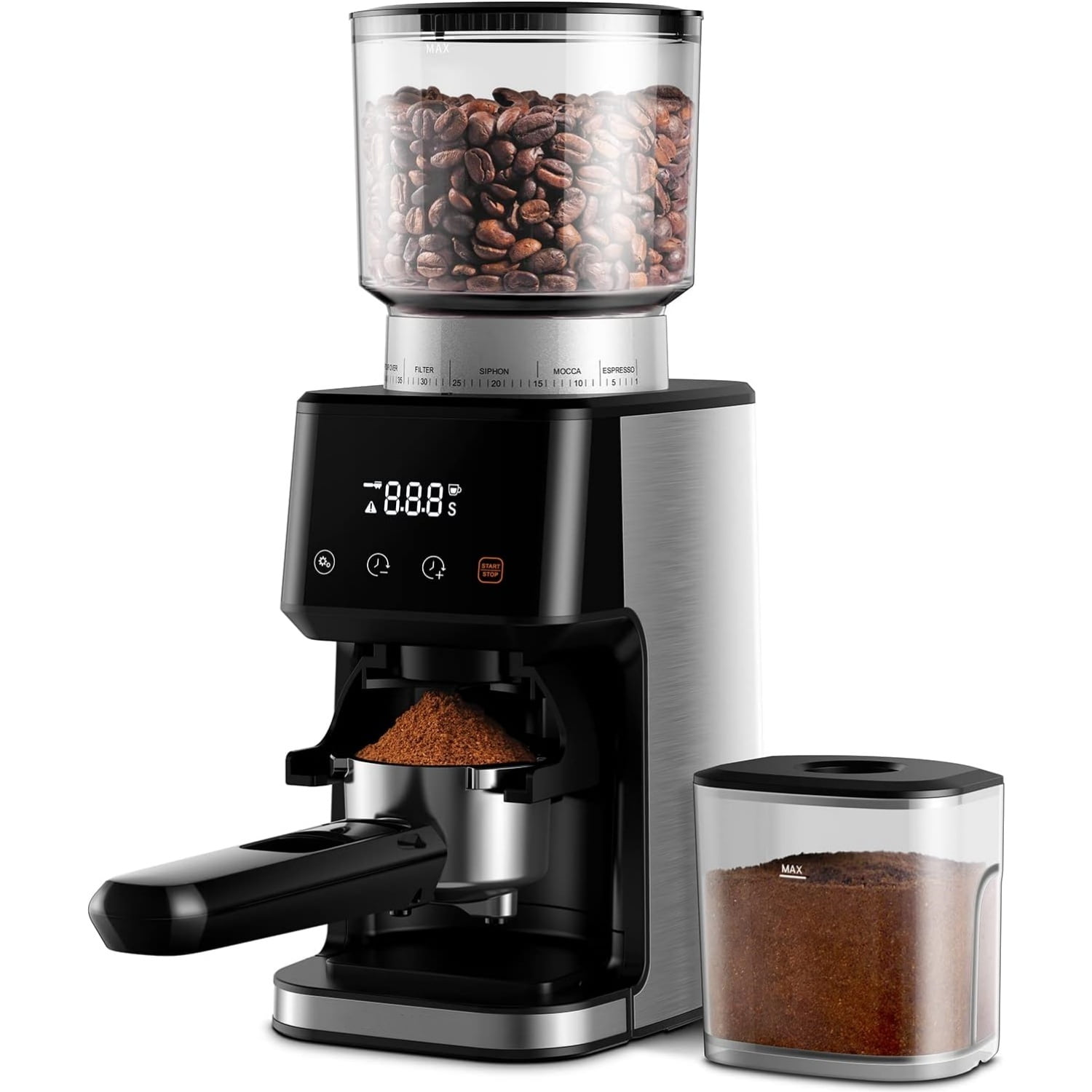Conical Burr Espresso Coffee Grinder Electric with Precision Timer 2.0, Touchscreen Adjustable Burr Mill with 51 Precise Settings for Home Use, Anti-static, Stainless Steel