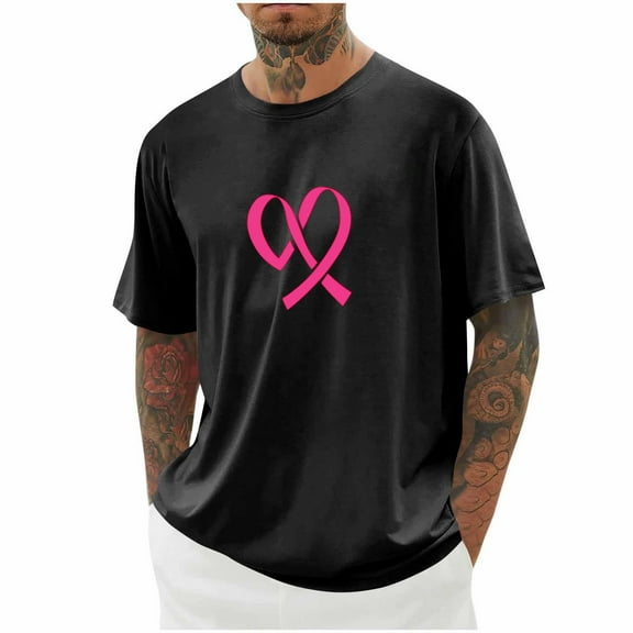 T-shirts for Men Breast Cancer Awareness Short Sleeve Blouses Print Round Neck Casual Shirts Black L Mens Tops