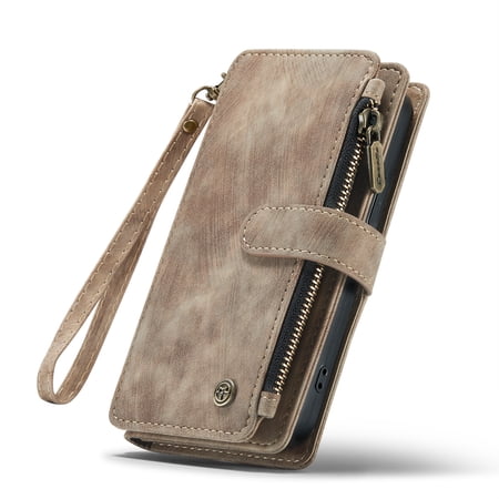 ELEHOLD for iPhone 15 Case for Men Women Wallet Case, Premium Leather Shockproof Purse Case with Credit Card Slots Zipper Pocket Anti-Loss Wriststrap for iPhone 15 -6.1 Inch,Brown