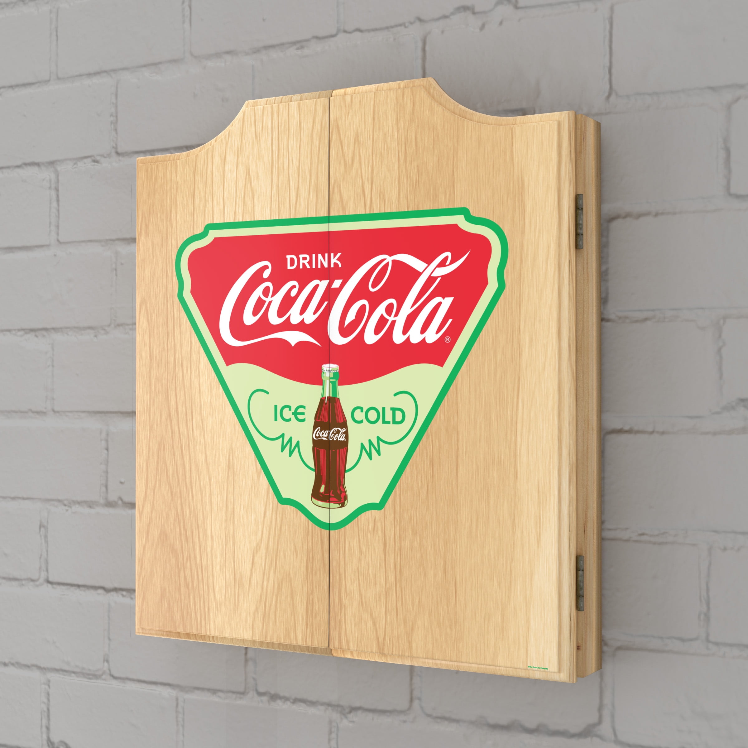 Coca-Cola Ice Cold Dart Board Cabinet Set with 6 Steel Tip Darts